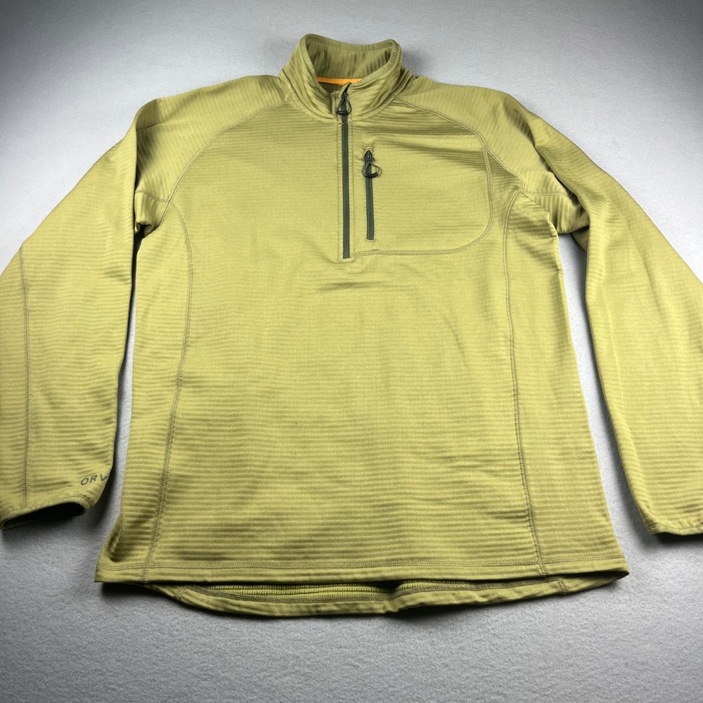 Orvis Mens Medium Olive Green Grid Fleece Quarter Zip Pullover Active Top